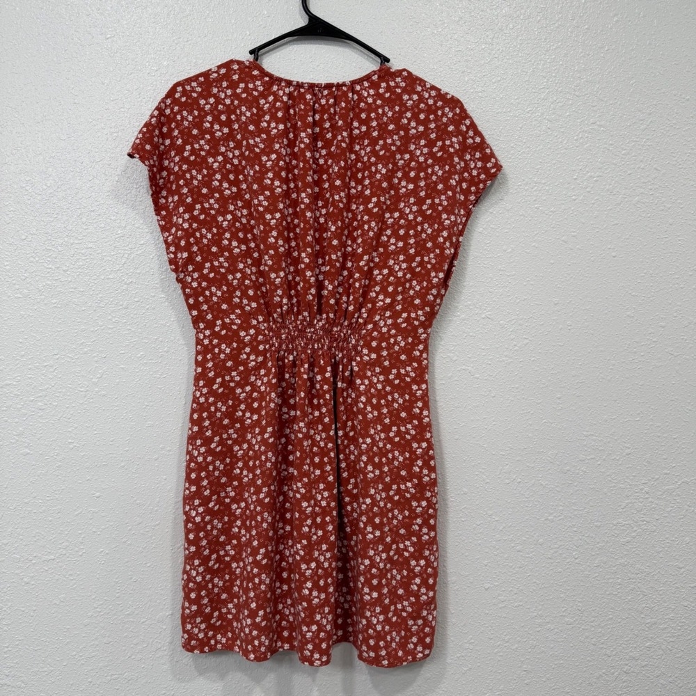 Abercrombie Fitch Red Floral Button Mini Dress Short Sleeve Smocked Waist Size M - Picture 3 of 8